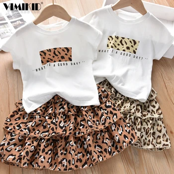 

Girls Clothes Set 2019 Summer White Shirt + Leopard Cake Skirt 2 Pieces Necklace Sets Kid Basic Casula Cotton Clothing Suit