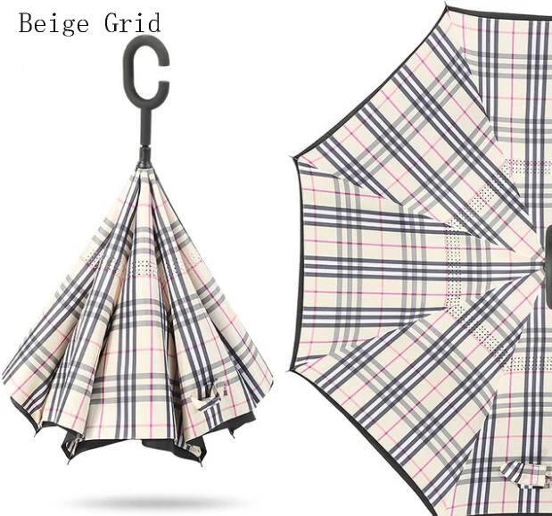 0010-Beige Grid Ветронепроницаемый двухсторонний складной зонт с ручкой для мужчин и женщин, защита от солнца, дождя, автомобиля, перевернутые зонтики, двойной слой, анти-УФ, самостоящий зонтик - Цвет: 0010-Beige Grid