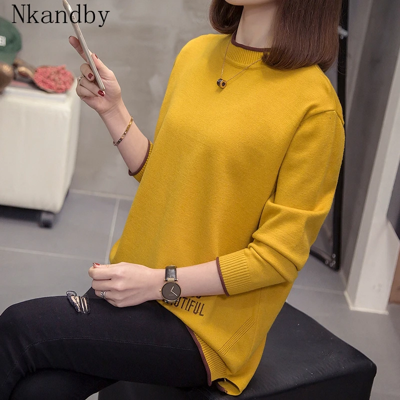

Nkandby Plus Size Embroidery Letter Pullover Women Knitted Sweater Autumn Winter Loose Split Kniwear Oversized Ladies Jumpers