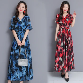 

S-3XL Plus Size Chiffon Bohemia V-Neck Print Dress Summer 2020 Short Sleeve Elegant Women Empire Ankle Length Dresses Vestidos