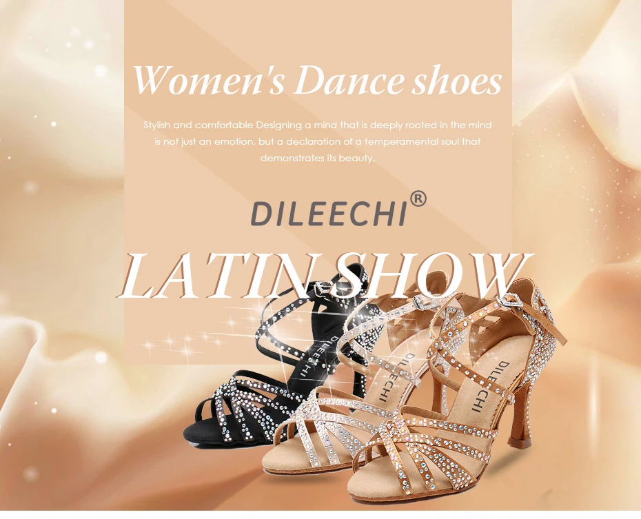 DILEECHI Women Party Dance Shoes Satin Shining rhinestones Latin Dance Shoes Salsa Dance Shoes Square dance shoes cuban heel 9cm