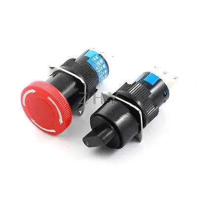 

2 Pcs 16mm Panel Mount SPDT 1NO 1NC 3-Pin Rotary Switch w Emergency Stop Switch