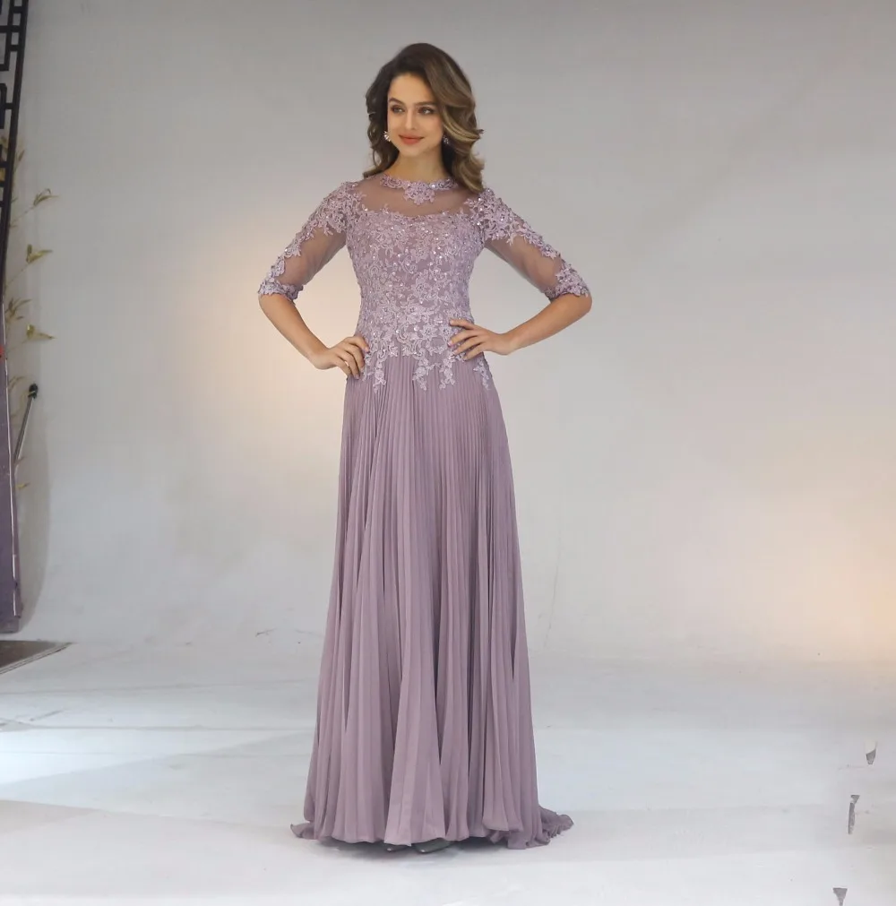 

2021 Chiffon Pleated Lace Applique A Line Half Sleeves Mother Of The Bride Dress Long Groom Party Gown Vestido De Festa Longo