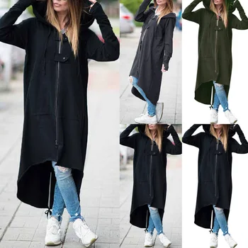 

2020 ZANZEA Fashion Hooded Sweatshirt Women's Hoodies Dress Autumn Buckle Coat Long Sleeve Zipper Irregular Outerwear Plus Size