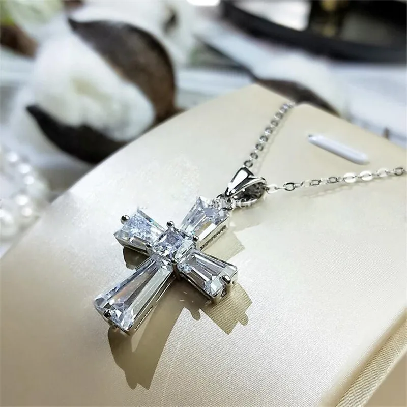 Small Baguette CZ Cross Pendant Clear or Pink Religious .925 Sterling Silver 