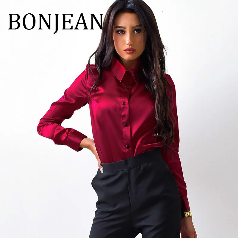 

BONJEAN Satin Shirt for Women 2019 Autumn Tops and Blouses Long Sleeve Wine Red Shirts Chemise Femme Casual Blouses BJ1699