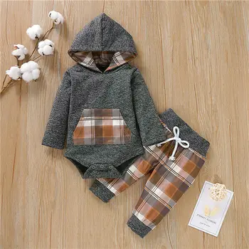 激安 2020 新ファッション新生児の少年少女のフード付きトップスロンパースジャンプスーツパンツアウトフィット服セット