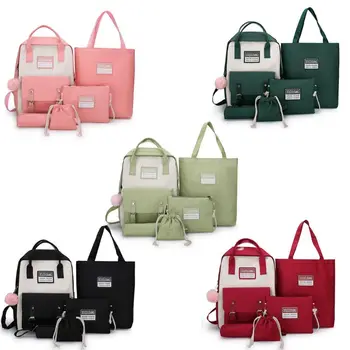 

5Pcs Canvas Backpack School Student Bookbag Women Large Capacity Casual Daypack Shoulder Drawstring Pencil Case Rucksack Set