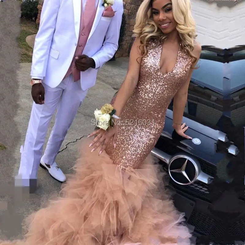 Zwarte Meisjes Pailletten Mermaid Rose Roze Lange Prom Dresses 2019 Sexy Halter Diepe V-hals Organza Rok Avond Partij Jassen w001 Zwarte Meisjes Pailletten Mermaid Rose Roze Lange Prom Dresses 2019 Sexy Halter Diepe V-hals Organza Rok Avond Partij Jassen w001