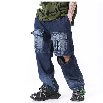 

EWQ / men's wear 2020 spring new trend design patchwork Detachable leg denim Trousers hip hop streetwear loose pants tide 9Y995