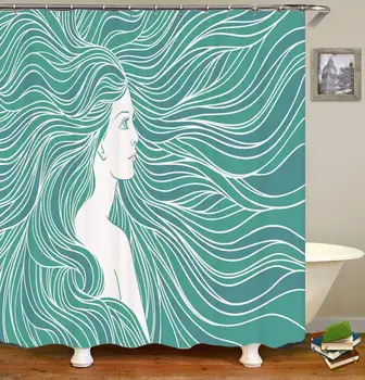 

Hand Drawn Illustration Girl with Green Hair Mermaid Underwater,Waterproof Polyester Decor