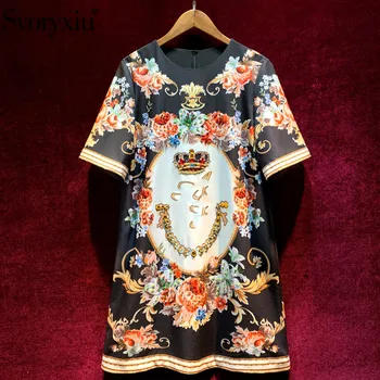 

Svoryxiu Vintage Runway Summer Party Loose Dresses Women's Half Sleeve Diamond Beaded Flower Print Black Fashion Short Dress