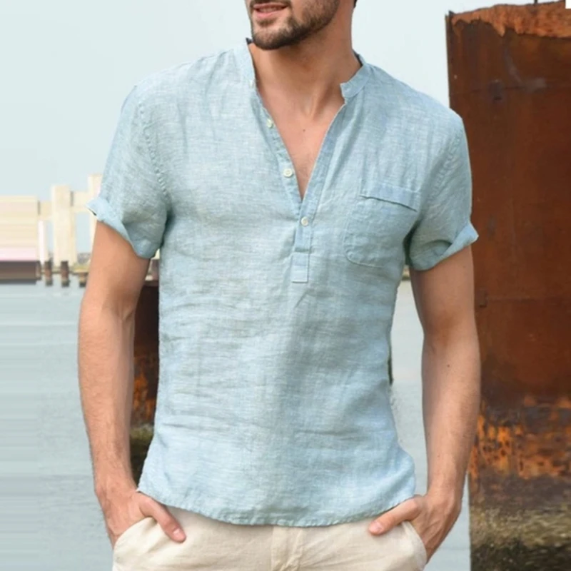 2020 New Mens Spring Summer Casual Shirt Short Sleeve Cotton Linen Shirts Men Loose Collar Button Shirt silk Chemise Homme