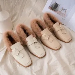 BELLECOM/Новая зимняя женская обувь на грубом каблуке кроличья шерсть с квадратным носком тонкие туфли и маленькие кожаные туфли