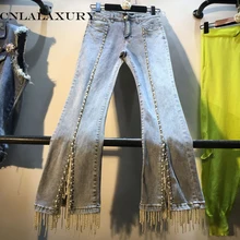 Джинсы женские модные с высокой талией высокого качества жемчужные бисероплетенные ковбойские джинсовые Брюки расклешенные джинсы
