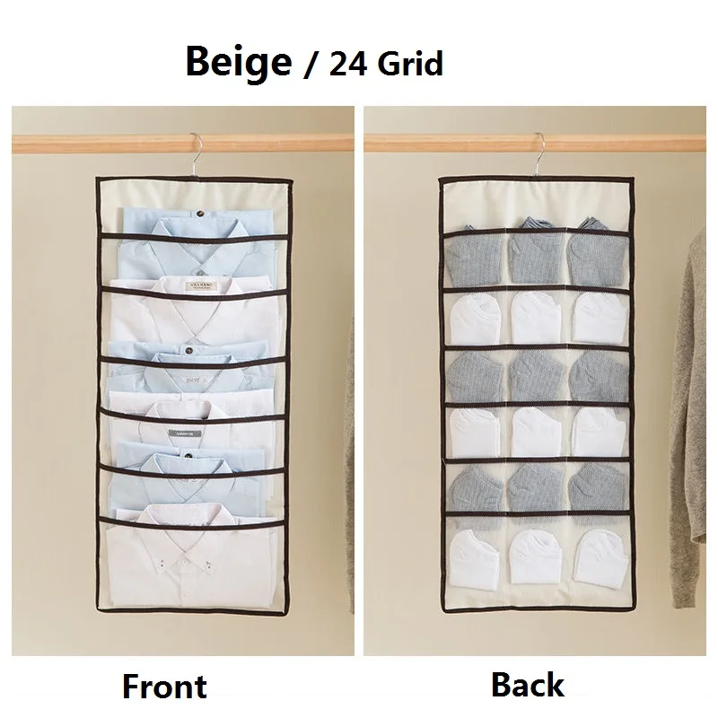 Beige 24 grid 1Piece 1 шт. висячая сумка Носки Бюстгальтер органайзер для хранения нижнего белья складная двухсторонняя сумка для хранения вешалка для шкафа для Одежды Органайзер - Цвет: Beige 24 grid 1Piece