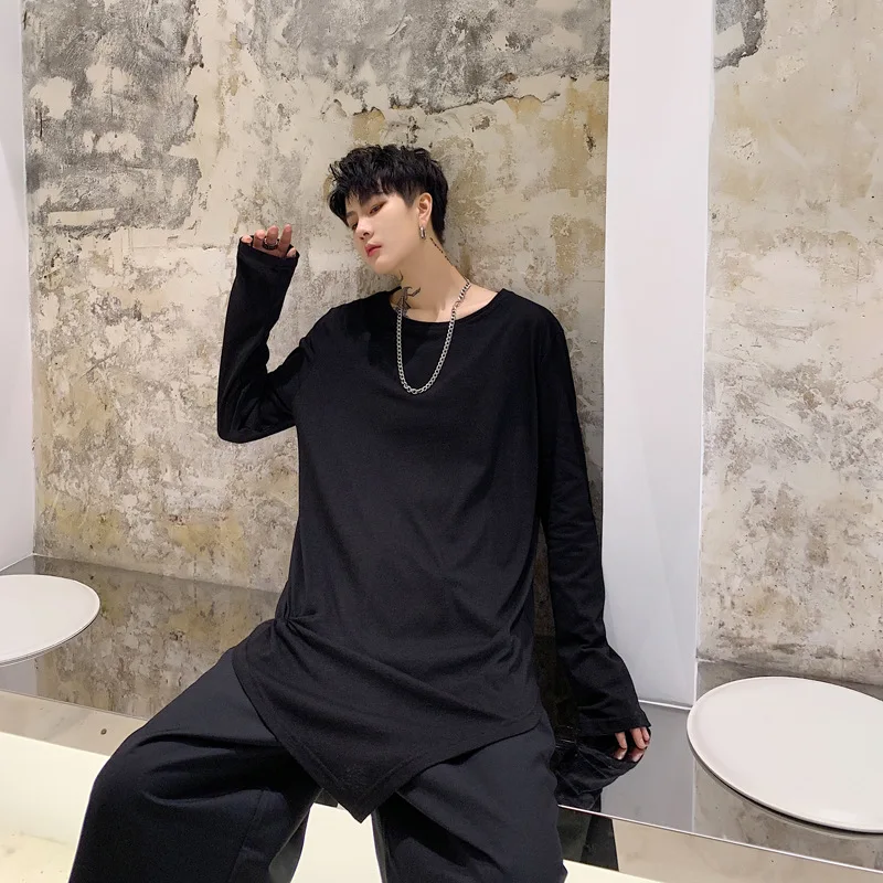 

Japanese-style Dark Hem Cool Loose-Fit Crew Neck Versatile Solid Color Long-sleeved T-shirt T852