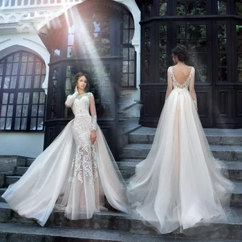 

BGW Voat Neck Full Sleeves Mermaid Lace Illusion Wedding Dresses With Detachable Train Backless Vestido De Casamento Na Praia