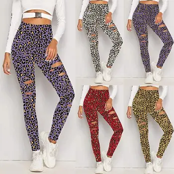 

Women High Waist Pants Leopard Cutout Ripped Hole Workout Skinny Leggings