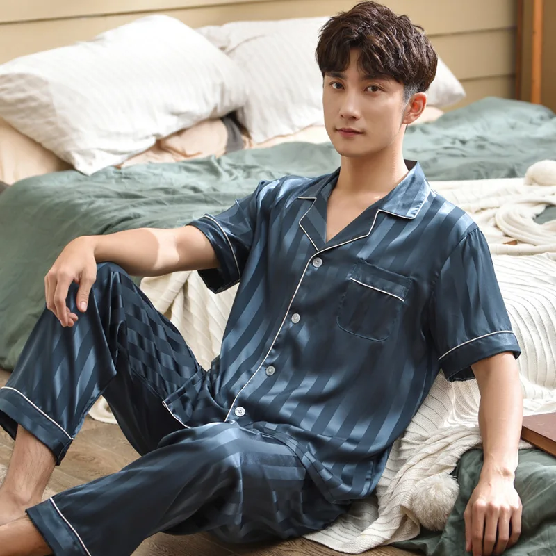 Summer Satin Silk Pajamas Set For Men Stripe Short Sleeve Pijama Thin Man Sleepwear Nightwear Imitation Silk Pyjama Homme Pj Set summer lovers pyjama suit pajamas couples silk sleepwear satin nightgown women short sleeve pijamas men lounge plus size pj set