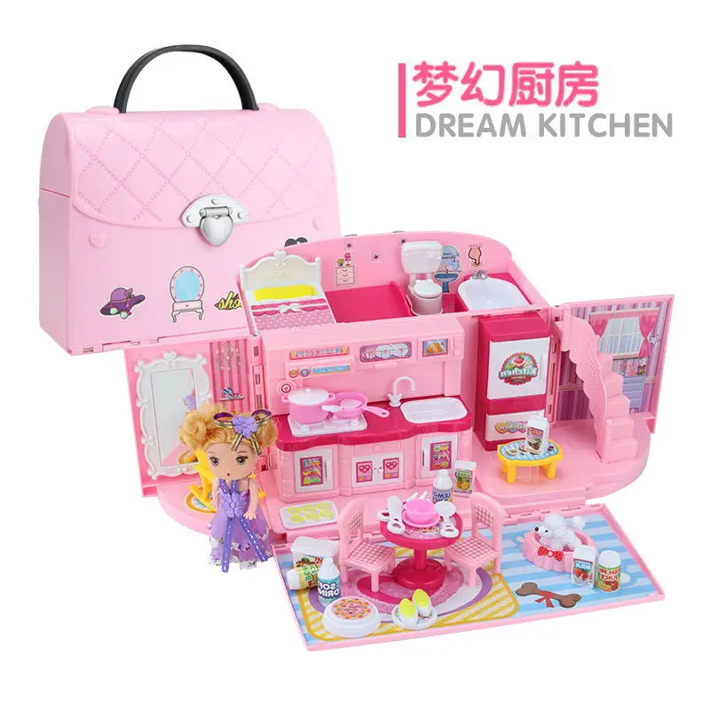 

Small Ling Villa Play House Kitchen Baby Girl Doll Handbag House CHILDREN'S Toy Model Set Birthday Gift
