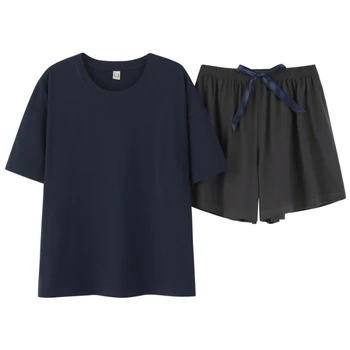 

Pure Blue Print Cotton Summer T-shirt Shorts Pajamas Set for Women Female Sleepwear Pyjamas camisola nuisette Suit Home Clothing