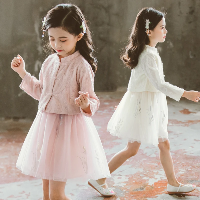Cute Baby Girls Clothes Lace Print Coats Tops+ Tutu Dresses 2 Pieces Princess Sets Sweat Party Girls Suits Kids Outfit Vestidos
