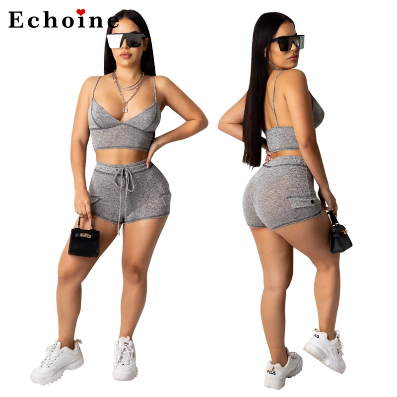 

Women Two Piece Set Sportswear Strapless Sports Casual Wear Tops Lace Up Elastic Waist Biker Suit Shorts Jogger Active Tracksuit