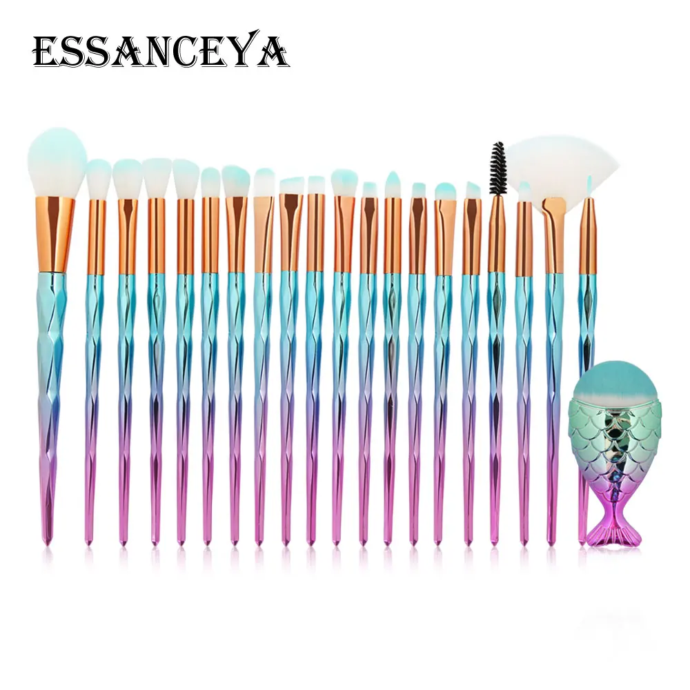 21PCS ESSANCEYA Горячая 11/21 шт. Русалка алмазные кисти для макияжа комплект рыбий хвост основа для макияжа лица Румяна Тени для век макияж кисть для смешивания кисти для макияжа - Handle Color: 21PCS