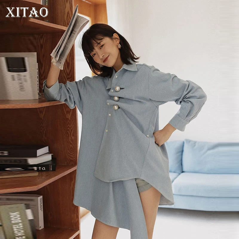 XITAO Irregular Pearl Buckle Blue Shirt Top Women Clothes Fashion Pleated Blouse Turn Down Collar Minority Autumn WQR1673
