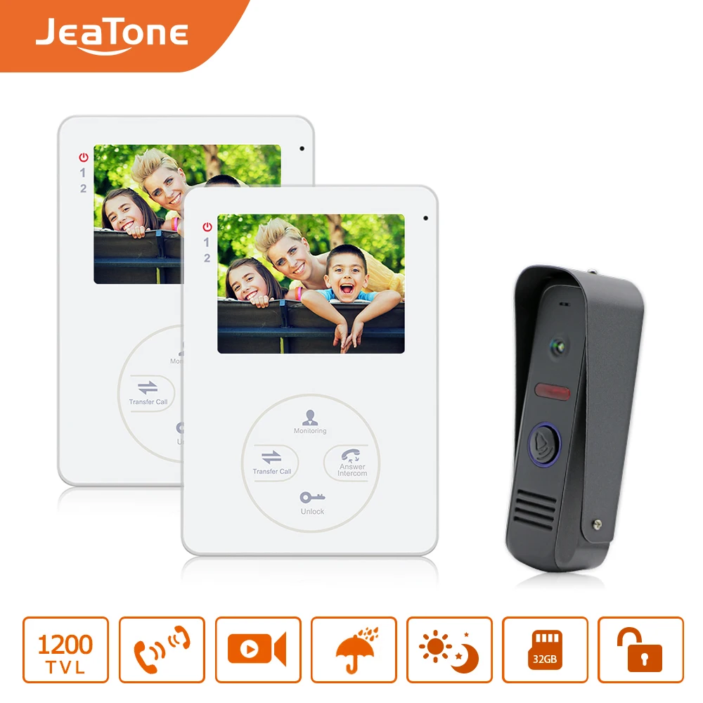 Jeatone 4\ TFT LCD Display Video Intercom Doorphone Door Intercom 1200TVL HD Outdoor Camera With 2 Indoor Monitors Interfone