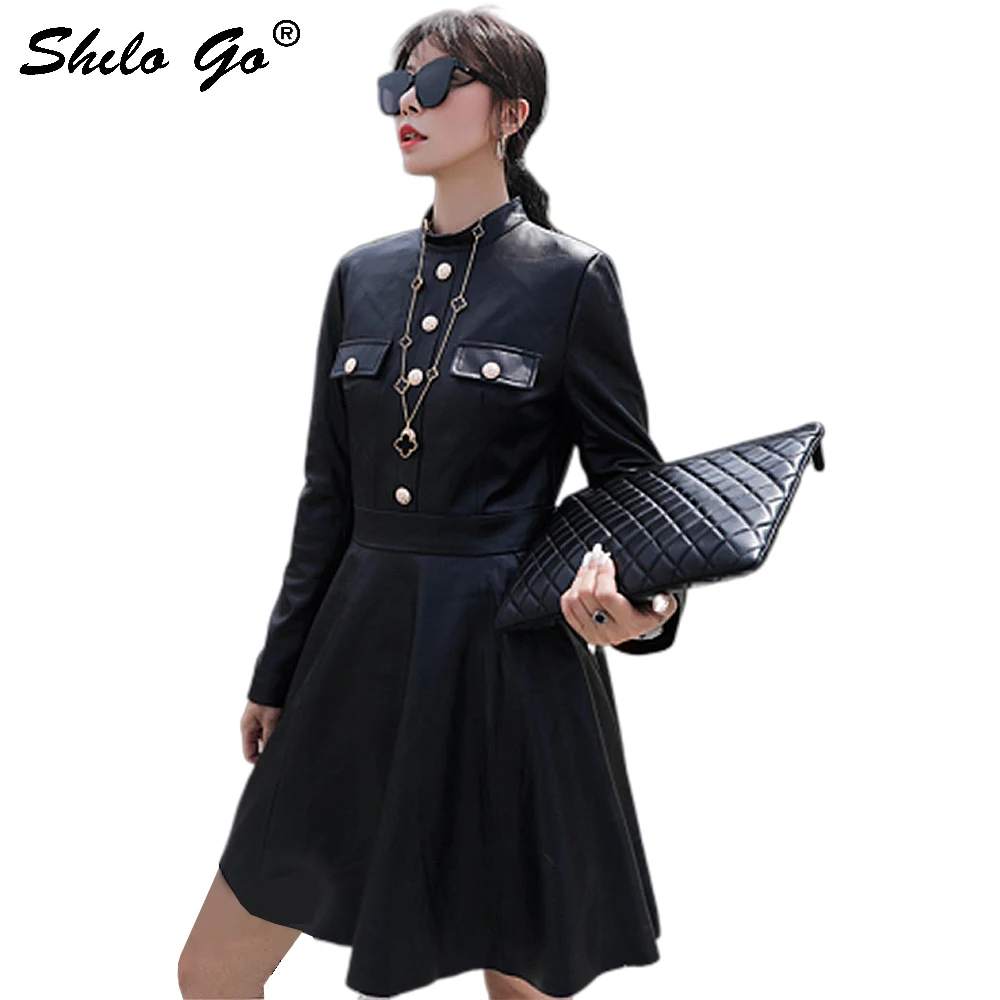 Genuine Leather Dress Black Mock Neck Button Detail Long Sleeve High Waist Elegant Women Autumn Fit and Flare Short Dresse | Женская