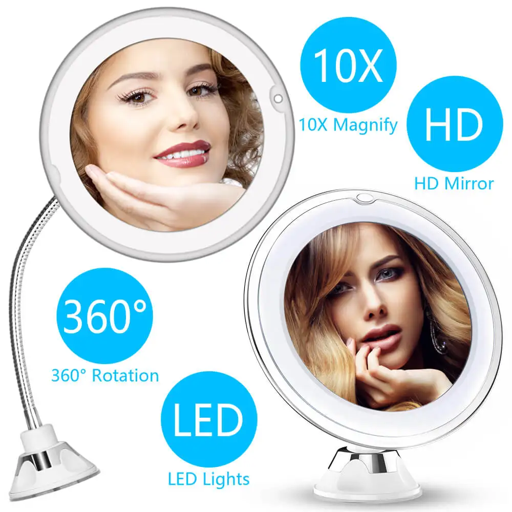Best 10X Magnifying LED Light Makeup Mirror Lamp Magnifier Battery Portable Hand Vanity Glass Make Up Mini Cosmetic Suction Cup
