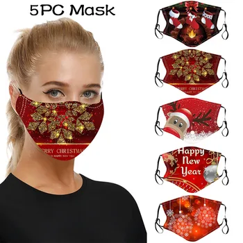 

5pc Christmas Print Mouth Masks Outdoor Face Mask Washable Earloop Mask Facemask Mouth-muffle Reusable Face Mouth Cover #BL2