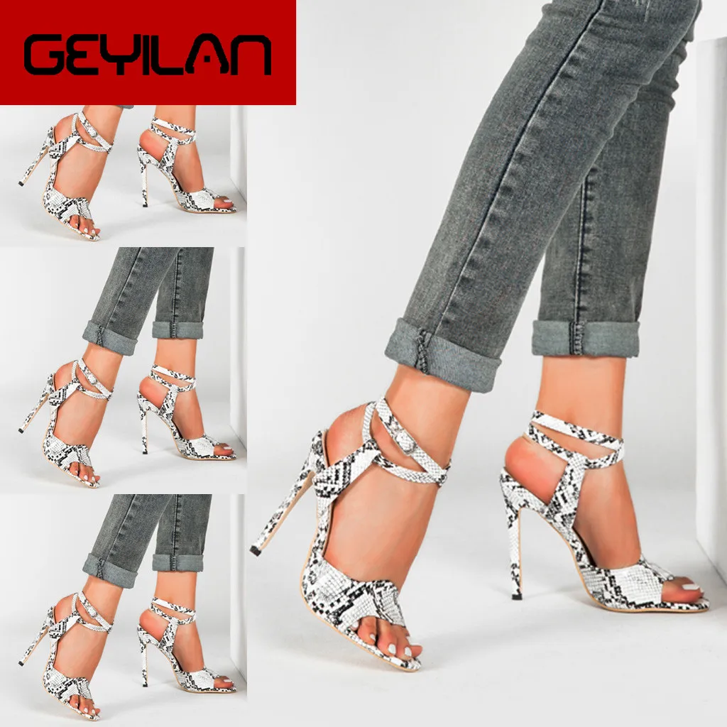 

Fashion Women's Summer Sandals Snakeskin Sexy Stilettos Open-Toe Ladies High Heels Sandals Lady Lace-Up Party Sandals Shoes