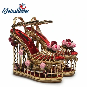 

YEINSHAARS Gold Flower Sandals Women Super High Heel 16cm Platform Wedding Shoes Ankle Strap Buckle Luxury Party Shoes Woman