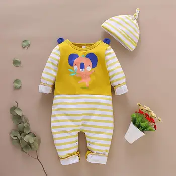 

Autumn Baby Toddler Cotton Long Sleeve Striped Bear Kids Boys Rompers Infant Girls Jumpsuits Newborn Clothes + Hat