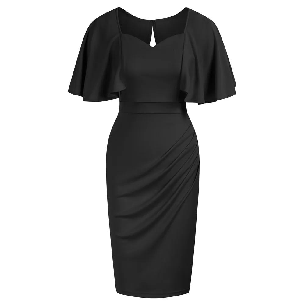 

GK Women Butterfly Sleeve Dress Sweetheart Neck Ruched Bodycon Dress Lotus Leaf Sleeves Peach Heart Collar Hip Dress