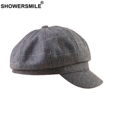 SHOWERSMILE, британский стиль, газетная кепка для женщин, шерстяная серая клетчатая кепка, Ретро стиль, Peaky Blinder, фирменная Новинка, шерстяная Женская восьмиугольная кепка
