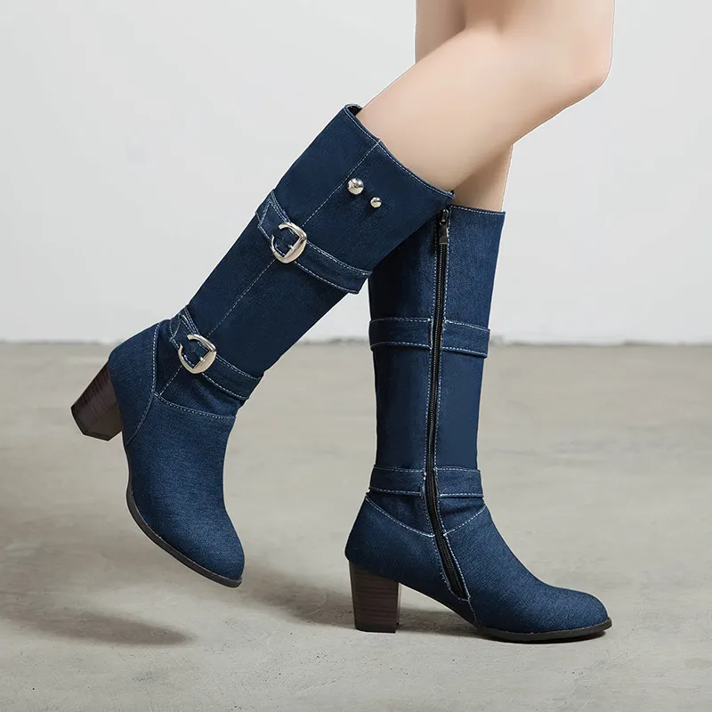 

2019 New Winter Boot Women Denim Double Buckle Strap Block High Heels Mid Calf Riding Knight Boots Ladies Footwear Shoes