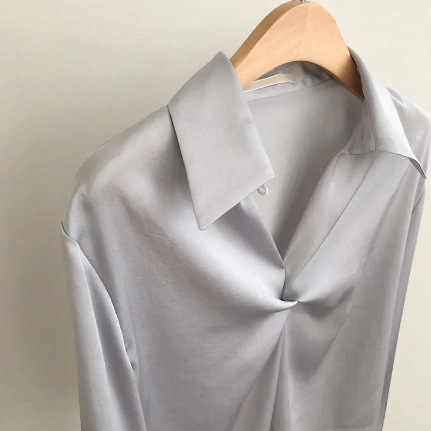 Осенняя сатиновая шелковая женская блузка, элегантная Однотонная рубашка высокого качества, свободный женский топ, офисный Женский Топ с длинным рукавом размера плюс, топы