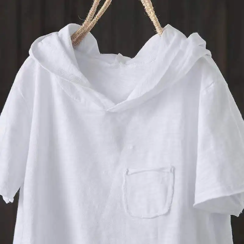 Women's Hooded T-shirt 2025 Original 95% Cotton Summer New Style Loose Cotton Short-sleeved Literary Hole Casual Women Clothing 2