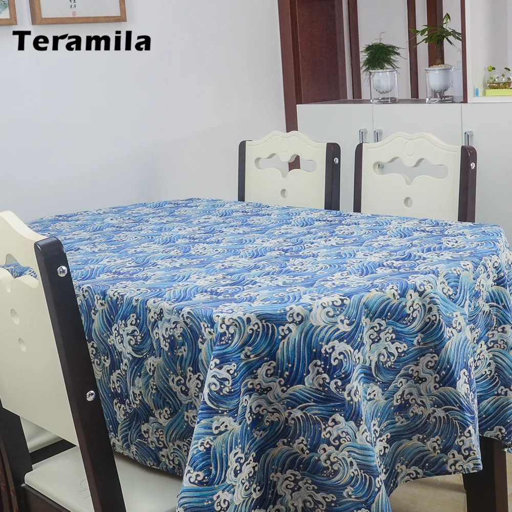Teramila Sea Wave With Golden Side Rectangle Dining Table Cloth Thick Cotton Linen Table Cover Mat For Home Party Mantel Wedding
