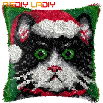 

Latch Hook Kit Make Your Own Cushion Christmas Hat Cat Printed Canvas Crochet Pillow Case Latch Hook Cushion Cover Hobby & Craft