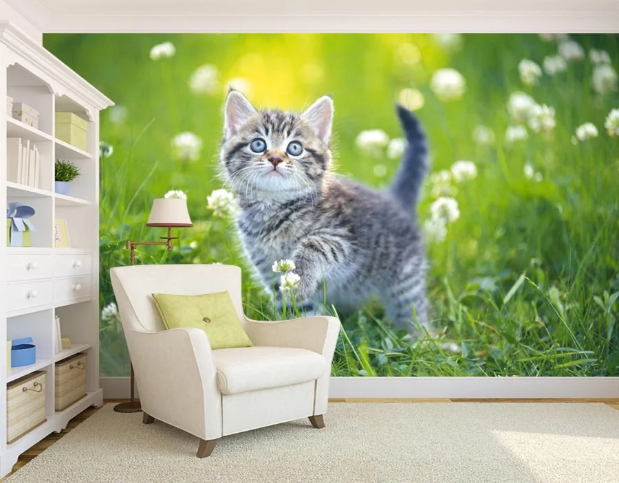 Cute Cat Wallpaper Custom 3D Wall Mural Kitten in Flower Field Photo Wallpaper Pet shop Kids Girls Bedroom Living Room Decor