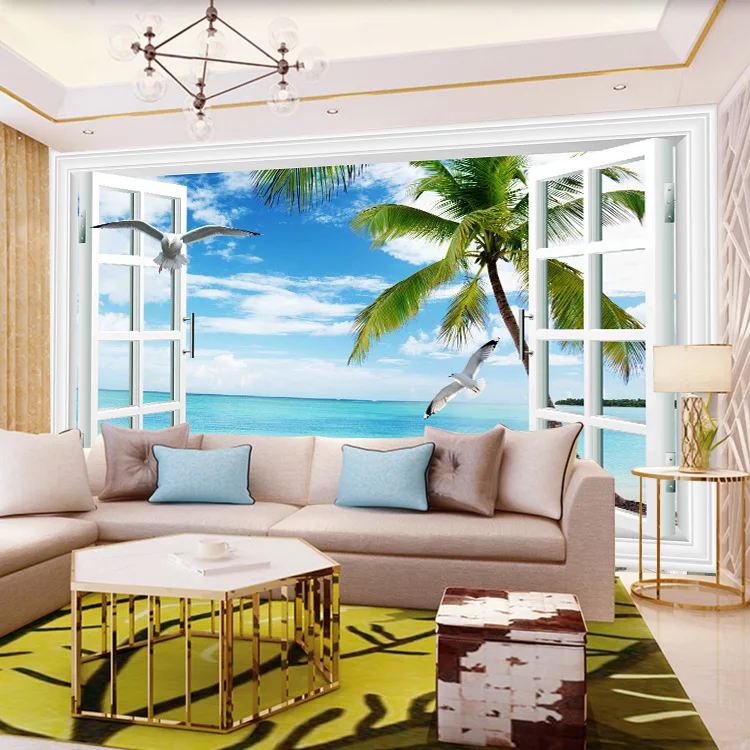 

Sea View Beach Palm Wallpaper 3D Mediterranean Scenery Large Mural Blue Sky And White Clouds Hotel Living Room Wallpaper