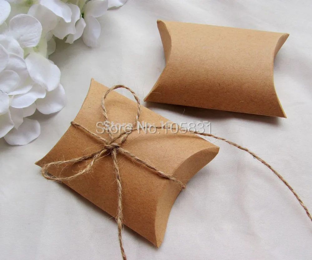 

Free shipping 100pcs/lot Kraft Paper Pillow Box With Jute Tie Gift Candy Boxes Wedding Party Favor