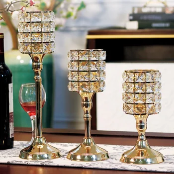 

Luxury Romantic Gold Crystal Candelabra Candlelight Desktop Wine Glass Shape Candlestick Stand Candle Holder Wedding Decoration