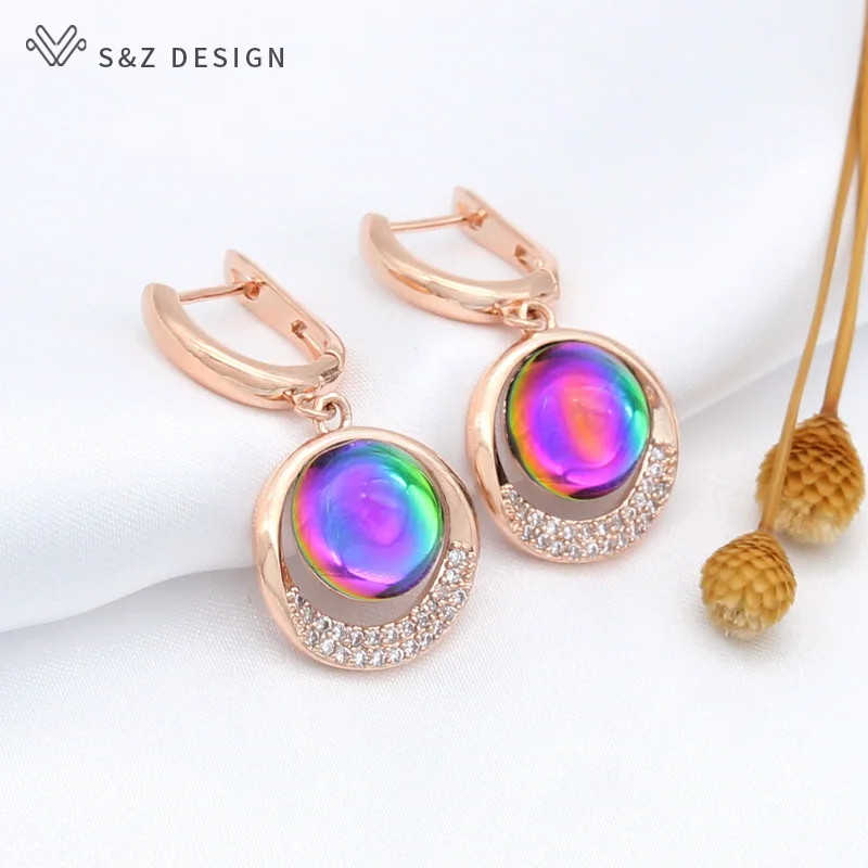 S&Z DESIGN New Trendy 585 Rose Gold Color Cubic Zirconia Round Crystal Dangle Earrings For Women Wedding Jewelry Gift