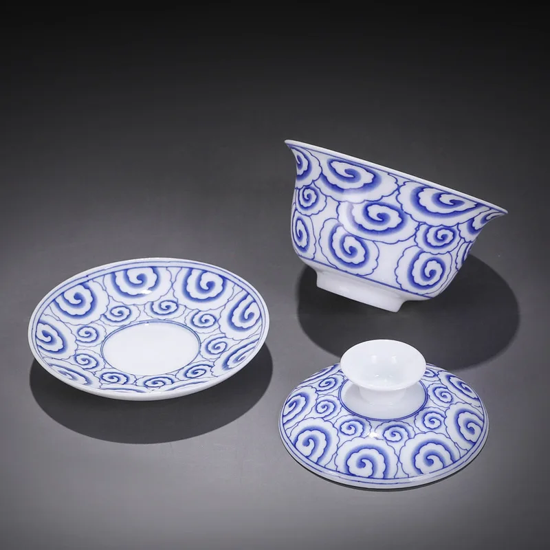 Керамическая Sancai Gaiwan, 150 мл, голубая и белая фарфоровая чайная чаша, чайная чашка и блюдце, набор, чайник